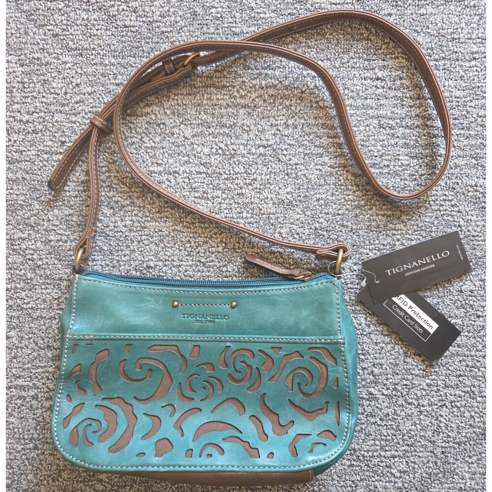Tignanello Teal Laser-Cut Leather Crossbody Bag